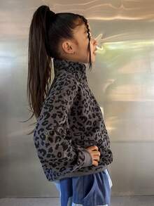 Dazy Kids Young Girl Leopard Print Half-Zip High Neck Long Sleeve Pullover Sweatshirt - Dark Grey - View 3