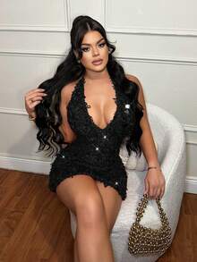 SHEIN SXY 女士黑色亮片露背派对连衣裙 - 黑色 - 查看 4