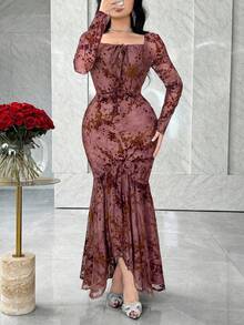 Modelyn Women's Solid Color Square Neck Fitted Elegant Long Sleeve Dress - Pink - View 6