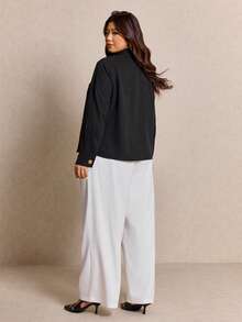 Elaquor Plus Size Women Metal Floral Decor Long Sleeve Shirt And Pleated Wide Leg Pants Casual 2 Piece Set - Black - View 2