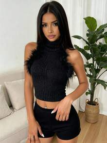 Glamine Débardeur matelassé d'hiver, Top noir sexy thème de fête - Noir - Voir 1