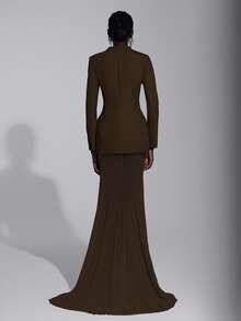 Elitara 女士优雅浪漫简约西装廓形鱼尾下摆长裙，时尚百搭，适合网红、节日、假期、生日、派对、婚礼、正式场合等各种场合。 - 咖啡棕 - 查看 3