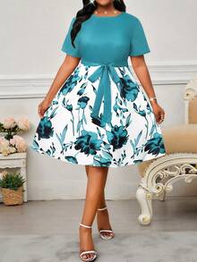 SHEIN Lady 春夏优雅通勤办公休闲波西米亚风针织圆领喇叭腰带中长短袖大码连衣裙，适合各种身材，夏季女装，夏季连衣裙，女士办公装，度假连衣裙，夏季女装 - 水鴨藍 - 查看 4