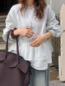 FRIFUL Women's Round Neck Thermal Lined Thick Sweatshirt With Ruffled Mesh Hem, Loose Fit Multi-Layered Cake Hem Casual Pullover - Dark Grey - View 1