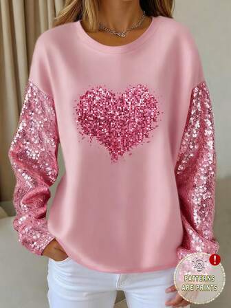 EMERY ROSE Valentine's Day Outfits,Heart Pattern T-Shirt,Fall Women Clothes,Sister Outfit,Trending Now, Fashion Tops Shirts,Aesthetic Long-Sleeved T-Shirt, Siblings Gift, Gift For Sister, Gift For Mom, Casual Minimalist Fashion Top