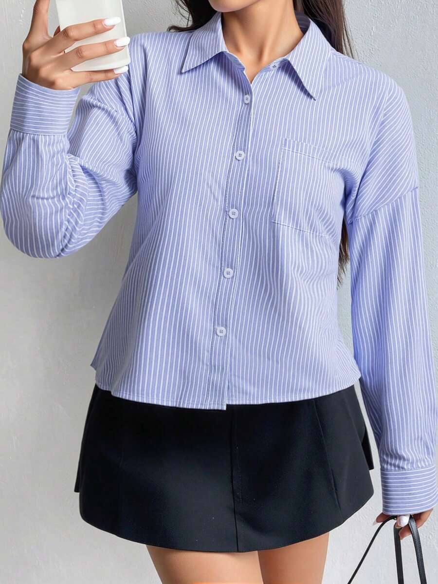 Franclia Camisa holgada de manga larga a rayas azules y blancas, de estilo casual de otoño para mujeres, elegante, de moda, casual, para ir a la oficina, diaria, de ocio, versátil, urbana, profesora, atuendo profesional - Azul - Ver 1