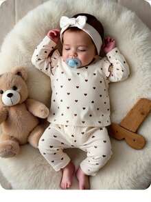 2pcs Babygirl Casual Cute Polka Dot Knit Long Sleeve Top And Elastic Waist Pants Set