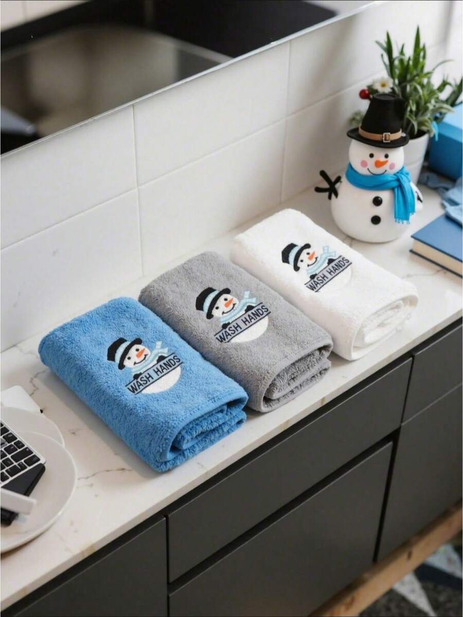 1pc Christmas Super Soft Embroidered Snowman Hand Towel, Suitable For Kitchen, Bathroom Decor And Gifts - Multicolor - View 1