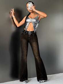 SHEIN ICON 女士低腰喇叭双扣牛仔裤 - 黑色 - 查看 5