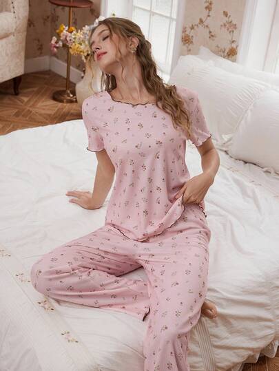 SHEIN Women's Romantic Floral Print Short Sleeve Pajama Set With Waffle Texture Pajama Sets For Women Round Neck Pj Sets For Women Short Sleeve Pajamas Set For Woman Women Sleep Wear Set