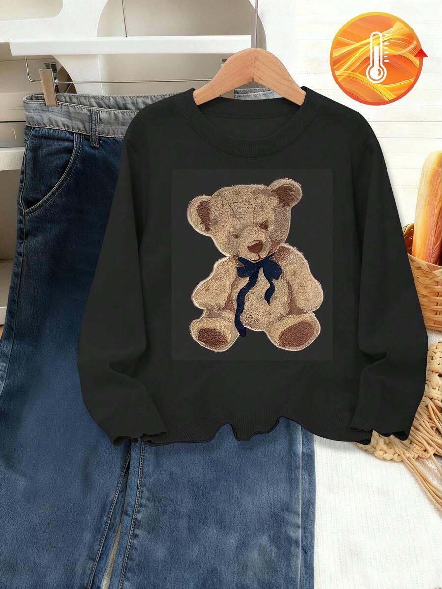 1 件 Tween 女童休闲简约毛衣，可爱熊印花长袖宽松针织套头衫，适合秋冬季上学、休闲活动 - 黑色 - 查看 1