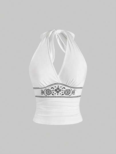 Hippie Camiseta sin tirantes de mujer de color café con escote bajo, cuello halter, lazo y bordado floral