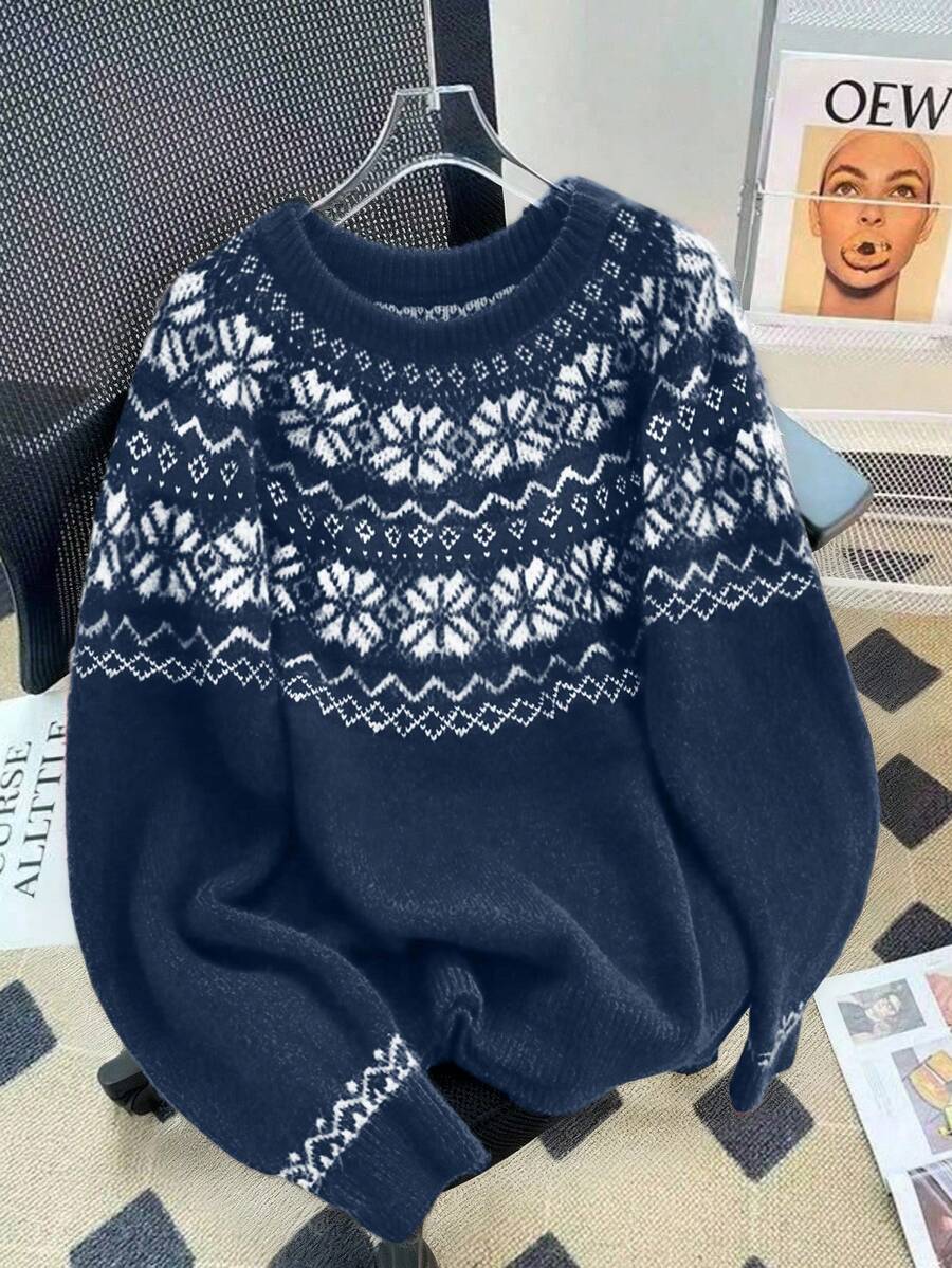 Franclia Sweater Rajut Kasual Motif Kepingan Salju Natal, Musim Gugur/Musim Dingin - Royal Blue - View 1