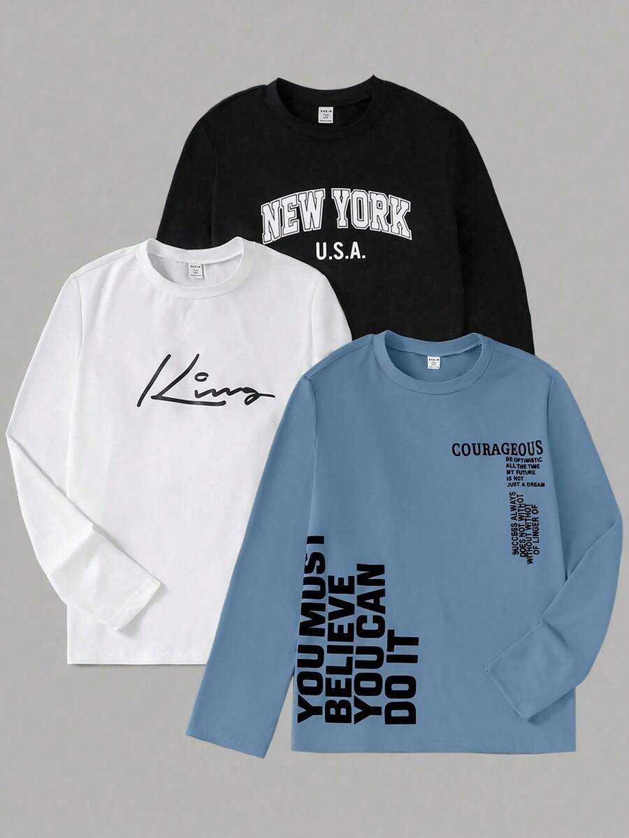 Vacaura 3 件套青少年男孩休闲字母印花圆领长袖 T 恤,适合秋冬季休闲、街头、通勤、分层穿着 - 彩色 - 查看 1