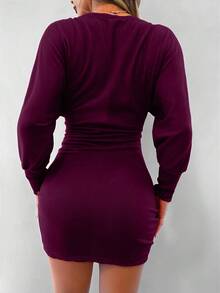 EURMUSE Vestido mini ajustado de unicolor con escote en V profundo y sexy - Burdeos - Ver 2