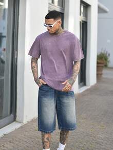 Devon Thys Men's Washed Casual Style, Creative Cartoon Pattern Short Sleeve T-Shirt, Comfortable For Daily Wear, Suitable For Going Out And Staying Home In Summer - Purple - View 4