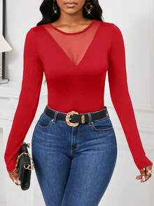 SHEIN Lady Áo thun tay dài phối lưới thanh lịch mùa thu dành cho nữ - Đỏ - Xem 4