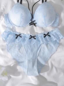 DelicateAllure 2件套钢圈模杯提拉丰满撞色蕾丝拼接荷叶边花卉蕾丝可爱清新舒适半罩杯文胸套装