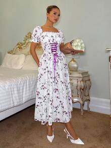 Glamine 碎花拼接荷叶边领泡泡袖系带连衣裙，优雅法式度假风 - 紫色 - 查看 5