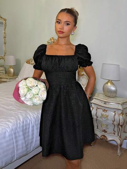 Glamine Women's Elegant Vacation Style Solid Color Jacquard Square Collar Puff Sleeve Pleated Waist Short Dress, Summer Square Neck Dress Milkmaid Dress French Style Dress Black Summer Dress Puffy Sleeve Dress Black Dresssummer Dresses For Womenholiday Outfits For Womencasual Dress For Womenblack Dresses For WomenVacay Vibes Urban ComfortTrendy Dressesrendy Basic AuRetro Chicgirly Au