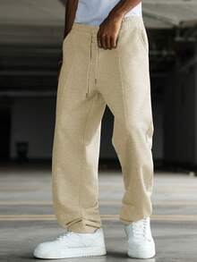 Manfinity Hypemode Quần thể thao nam màu trơn, cạp chun, dáng rộng, kiểu dáng thường ngày, có dây rút. - Màu Khaki - Xem 4