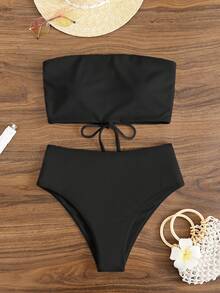 Swim Vcay 夏季沙灘純色無肩帶高腰比基尼 - 黑色 - 查看 3