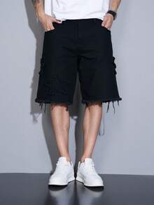 Manfinity Homme Men's Casual Solid Color Denim Black Shorts Jorts With Frayed Hems, Men Cargo Gothic Ripped Fashion Creative Fringe - Black - View 3
