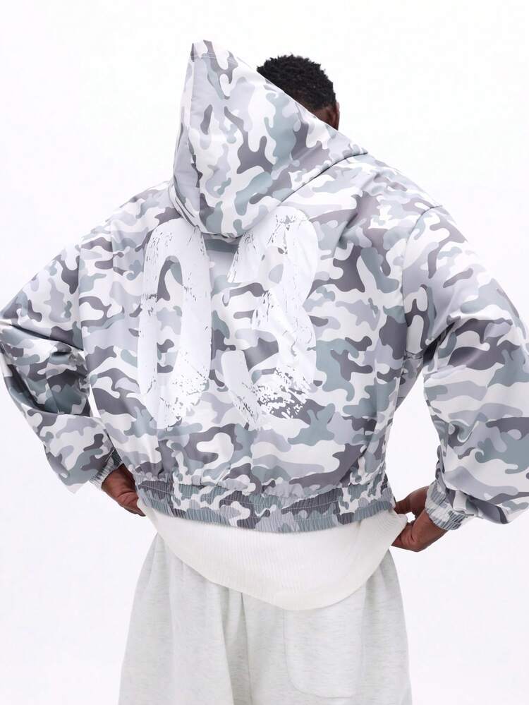 SUMWON Boxy Fit Camouflage Full Zip Hoodie With Number Print For Men Casual Streetwear Fall Winter Outerwear