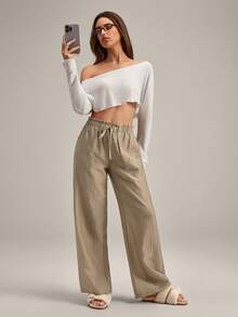 Women's Solid Color Ruffle Waist Tie Casual Pants - Apricot - View 5