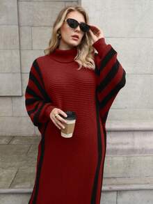 Juhart 大码女式纯色针织连衣裙，条纹袖口高领毛衣裙，适合圣诞节、万圣节、返校季、办公、度假等场合。 - 紅色 - 查看 4