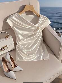 Franclia 1 件女式法式蝴蝶装饰衬衫，女式杏色不对称领衬衫 - 杏色 - 查看 1