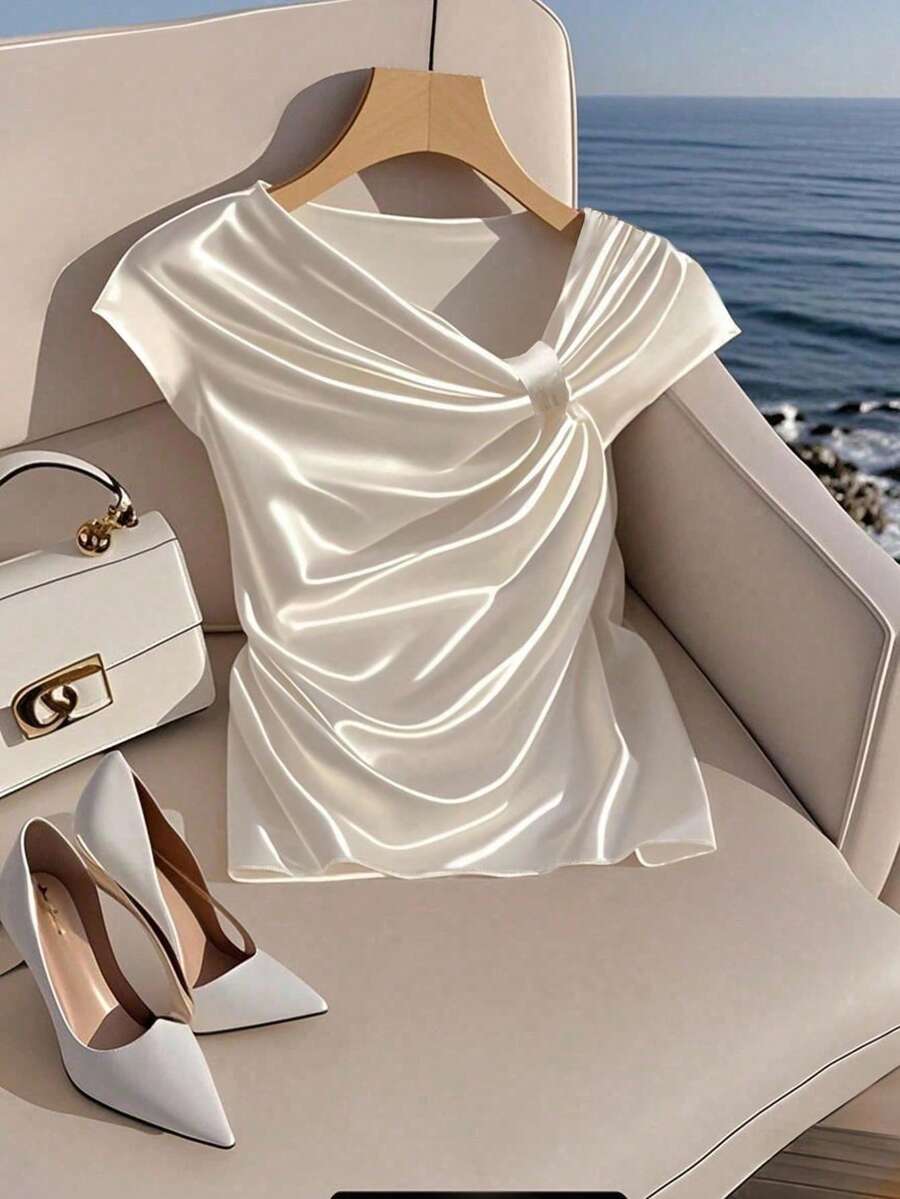 Franclia 1 件女式法式蝴蝶装饰衬衫，女式杏色不对称领衬衫 - 杏色 - 查看 1