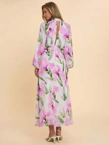 COSMINA Đầm maxi in hoa dành cho nữ, đầm maxi thanh lịch, đầm ngày Valentine, đầm dự tiệc cưới, đầm tay dài, đầm lãng mạn sang trọng, cổ chữ V, thiết kế tay raglan, đầm hở lưng, thích hợp cho các buổi họp mặt, tiệc cocktail và sự kiện. - Nhiều màu - Xem 2