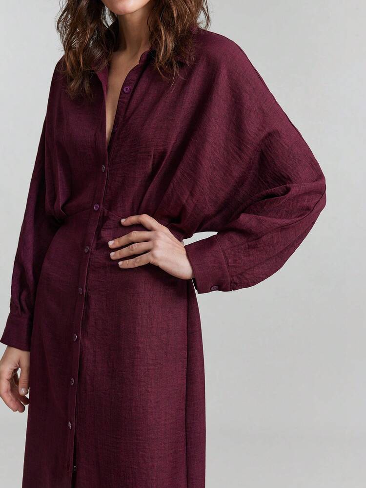 2026SS Summer Women's Solid Wine Red Batwing Sleeve Single-Breasted Casual Shirt Dress, Urban Chic Business Casual Elegant Versatile Dress For Daily Wear, Party, Dating