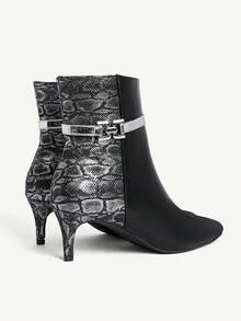 CUCCOO CHICEST 女士尖头蛇皮纹金属装饰时尚尖头细高跟踝靴 - 黑色 - 查看 11