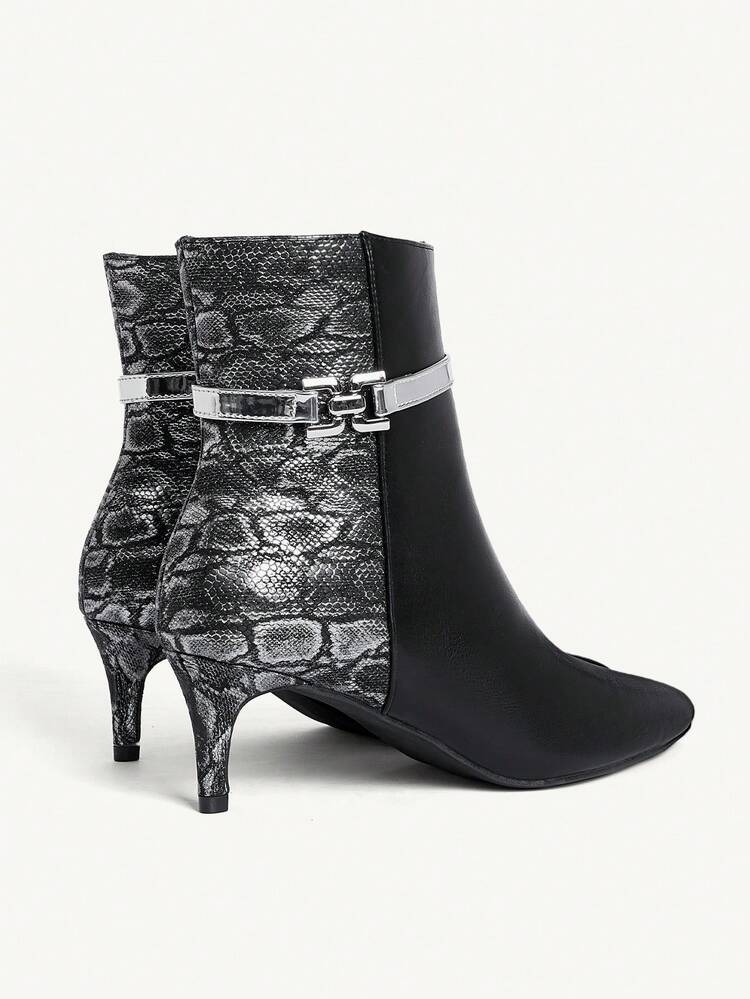 CUCCOO CHICEST Women's Pointed Toe Snake Skin Pattern Metal Decor Fashion Pointed Toe Stiletto Ankle Boots For Christmas