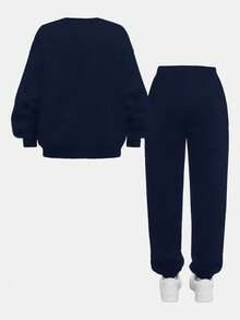 SHEIN Leap Crew 2件套少女休闲简约圆领长袖加厚卫衣裤套装，适合秋冬季穿着 - 藏蓝色 - 查看 2