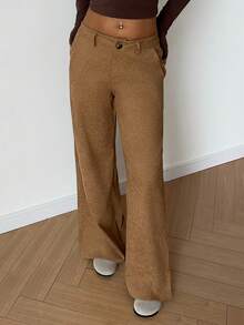 Flirla 女式休闲时尚灯芯绒高开叉宽松直腿及地长裤，秋冬款 - 卡其色 - 查看 7