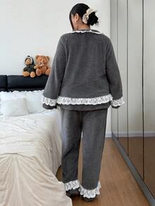 Dream Adore 2pcs Plus Size Flannel Lace Decor Long Sleeve Pajama Set, Fluffy Winter Clothes - Grey - View 2