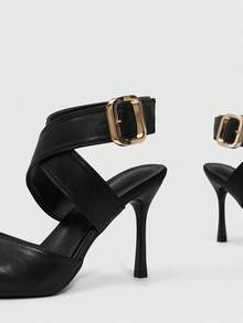 CUCCOO SZL Women's Pointed Toe Buckle Design Fashionable High Heels, Versatile For Daily Wear - Black - View 5