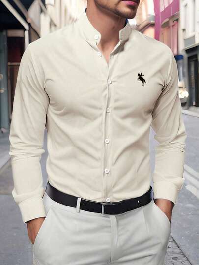 Manfinity Mode 男士刺绣前扣休闲长袖衬衫