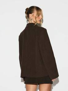 KIZN Oversized Wide Shoulder Lapel Blazer With Button Closure And Hip Length Silhouette For Fall Winter Business Casual Office Professional Formal Wear - Brown - View 2