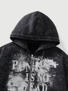 Street Life 男士标语印花拉链连帽衫 - 黑色 - 查看 4