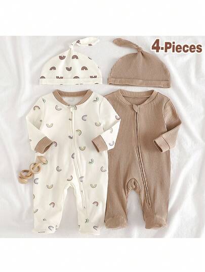 Loomiva 3件套新生儿女宝宝柔软针织圆领长袖连体衣和裤子套装