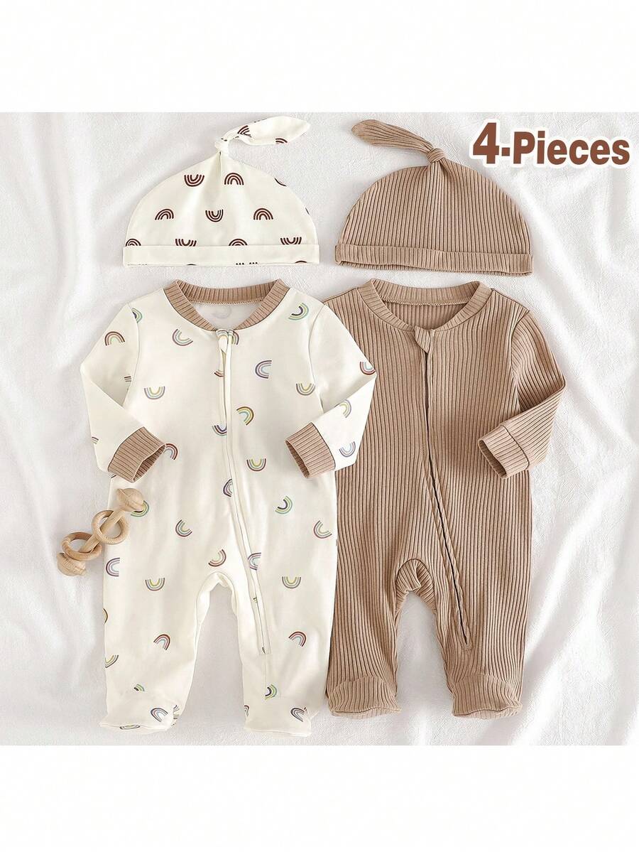 Loomiva 3件套新生儿女宝宝柔软针织圆领长袖连体衣和裤子套装 - 杏色 - 查看 1