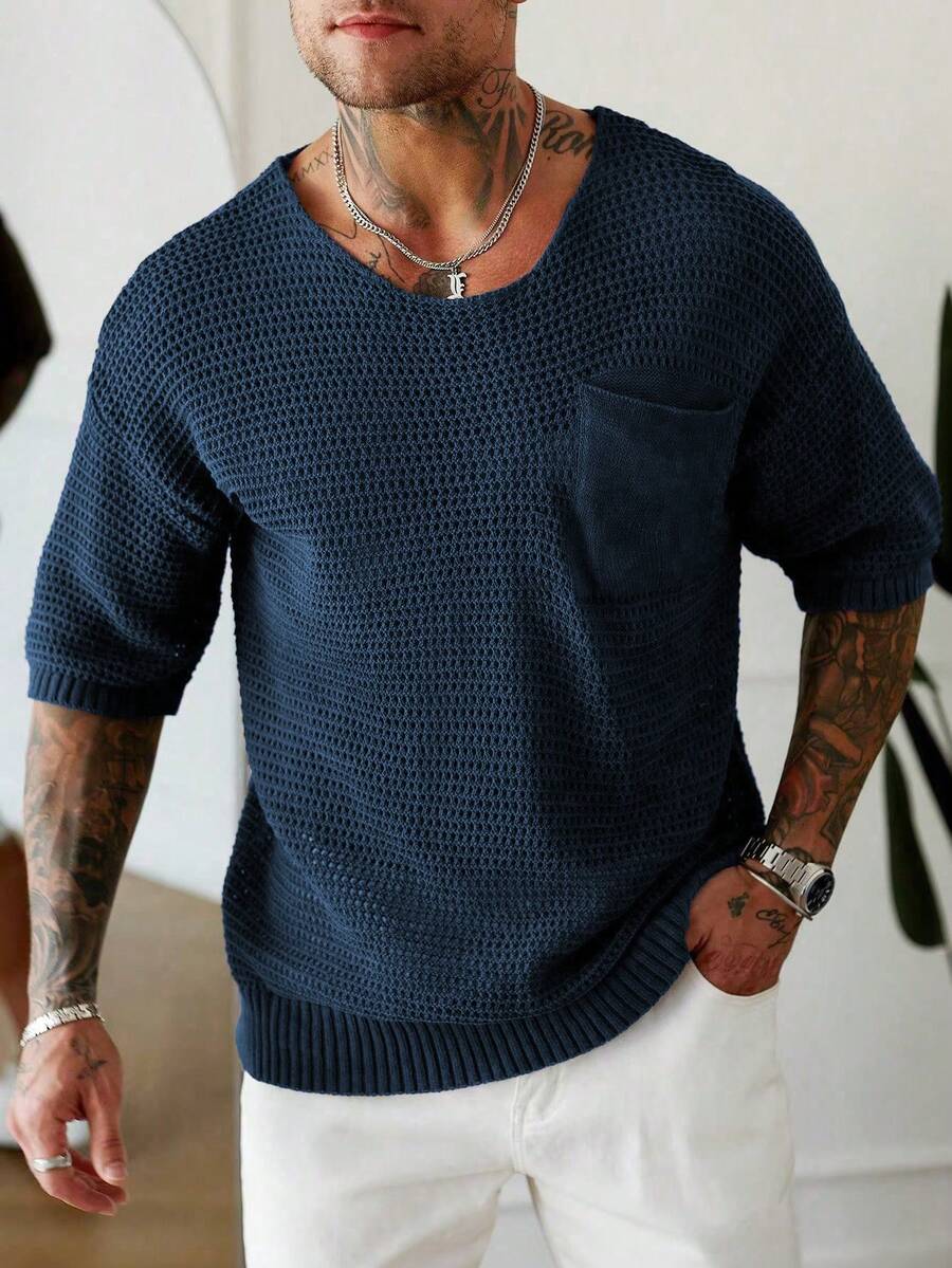 Manfinity Homme 男士休闲纯色针织毛衣 - 寶藍色 - 查看 1