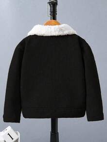 SHEIN Vacaura Áo khoác nỉ nhung cổ bẻ phong cách retro cho bé trai tuổi teen, thích hợp cho các buổi đi chơi mùa thu/đông ở trường - màu đen - Xem 2