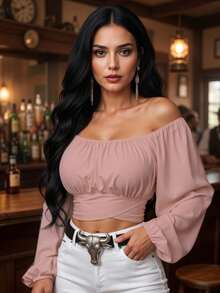 Blusa Campesina Ajustada de Manga Larga con Hombros Descubiertos y Detalle Cruzado Sensual para Mujer - Rosa Pálido - Ver 1