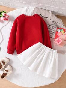 SHEIN Playful Pals 年轻女孩优雅甜美时尚休闲学院风撞色蝴蝶结抓绒卫衣和百褶迷你裙两件套，秋冬款 - 紅色 - 查看 2