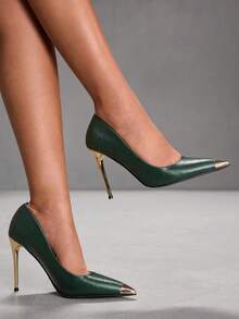 CUCCOO SZL Tacones altos de moda de punta fina y color contrastante, versátiles para uso diario - Verde Oliva - Ver 4